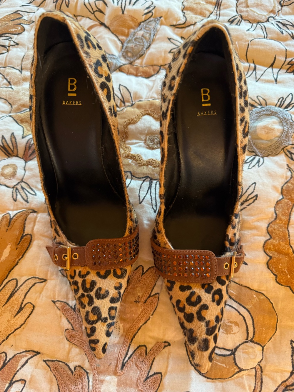 Bakers Leopard Print Pointed Toe Heels with Brown Studded Strap
